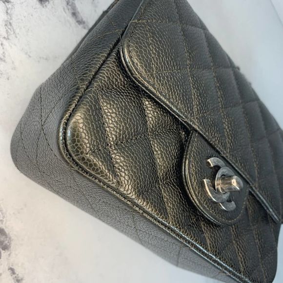 ββ CHANEL 17S Metallic Charcoal Square Classic Caviar Mini Quilt Flap Bag CC RHW - Picture 15 of 17
